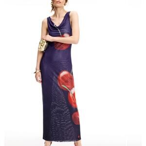 Muma World Purple Cherry Mesh Maxi Dress MEDIUM Slinky Vacation Designer $400